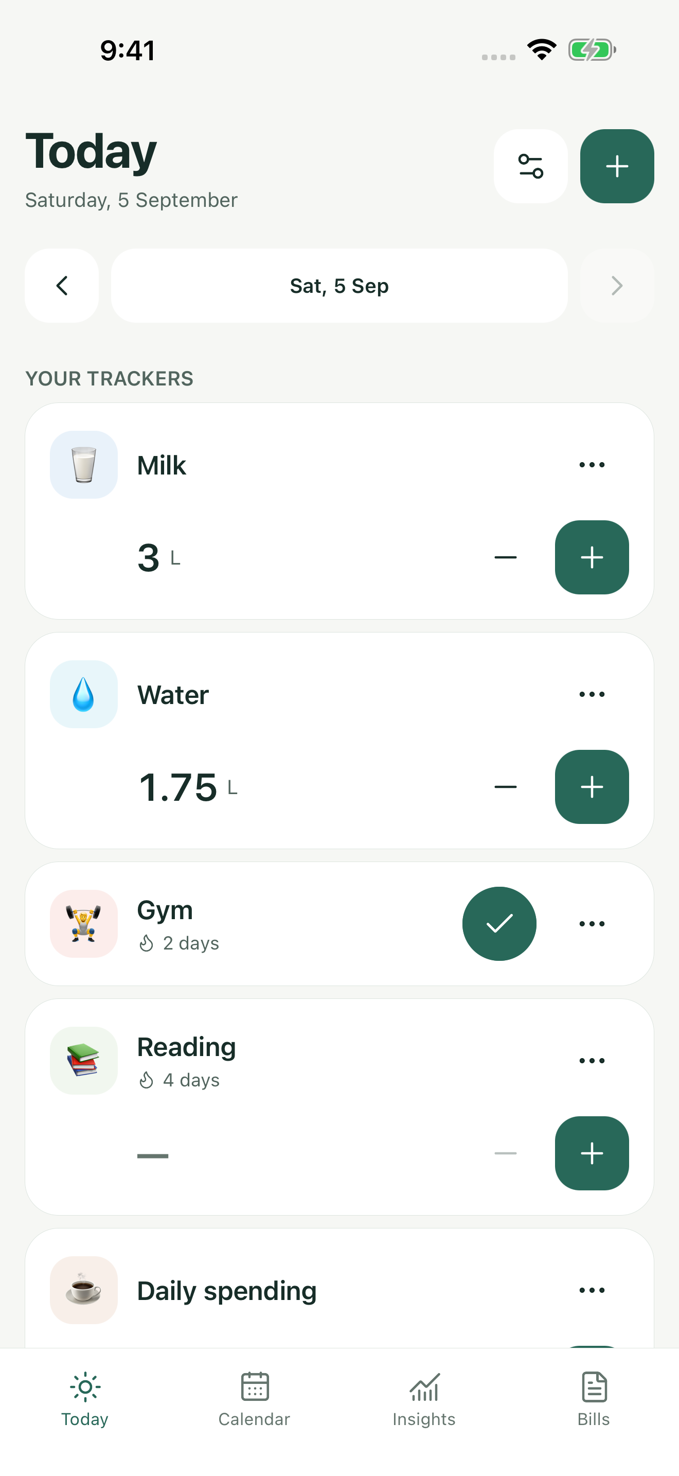 Sumday's Today screen showing daily trackers and easy logging controls